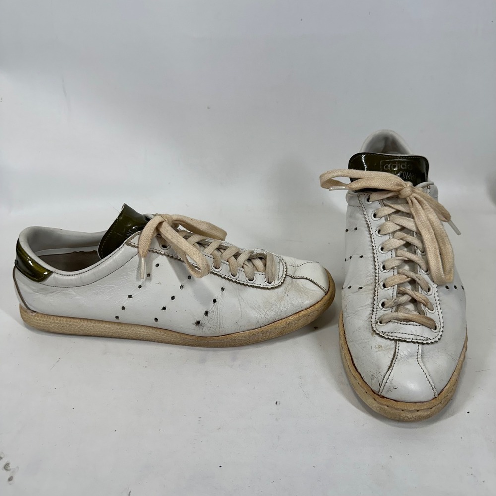 Vintage Adidas Newcombe France White Olive Green Leather‎ Sneakers Size 11-12 US